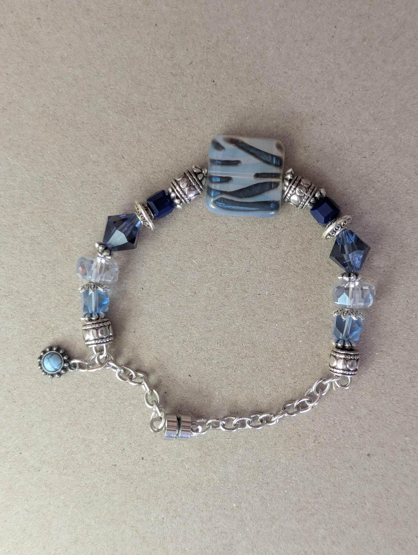 Bracelet - Frosty mixed Blue Bead Bracelet with Silver Metal Magnetic Clasp