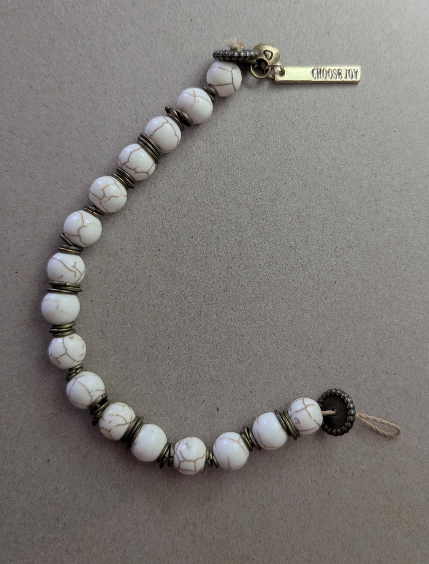 Bracelet - Earth-tone Howlite Beaded Bracelet with Heart Charm and choose joy charm
