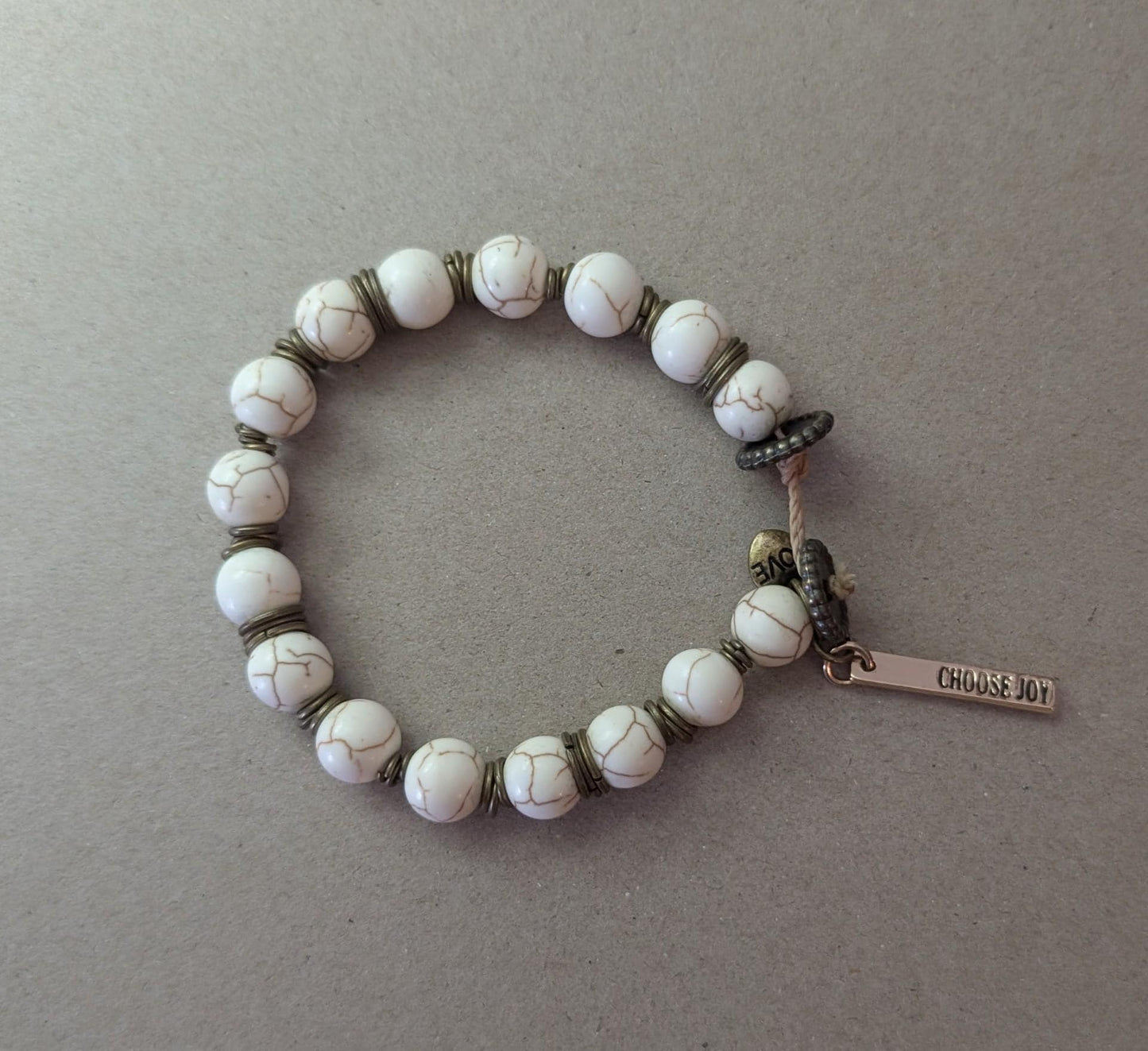 Bracelet - Earth-tone Howlite Beaded Bracelet with Heart Charm and choose joy charm