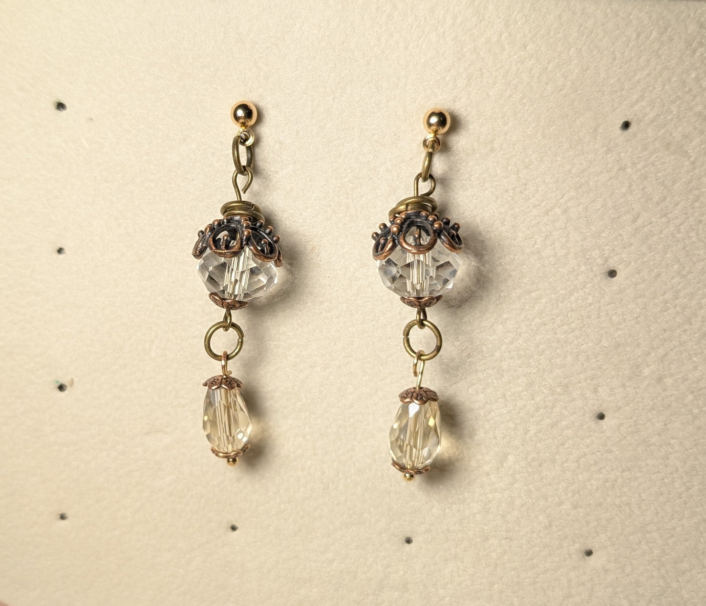 Earrings - vintage crystal dangle earrings with antique brass accents