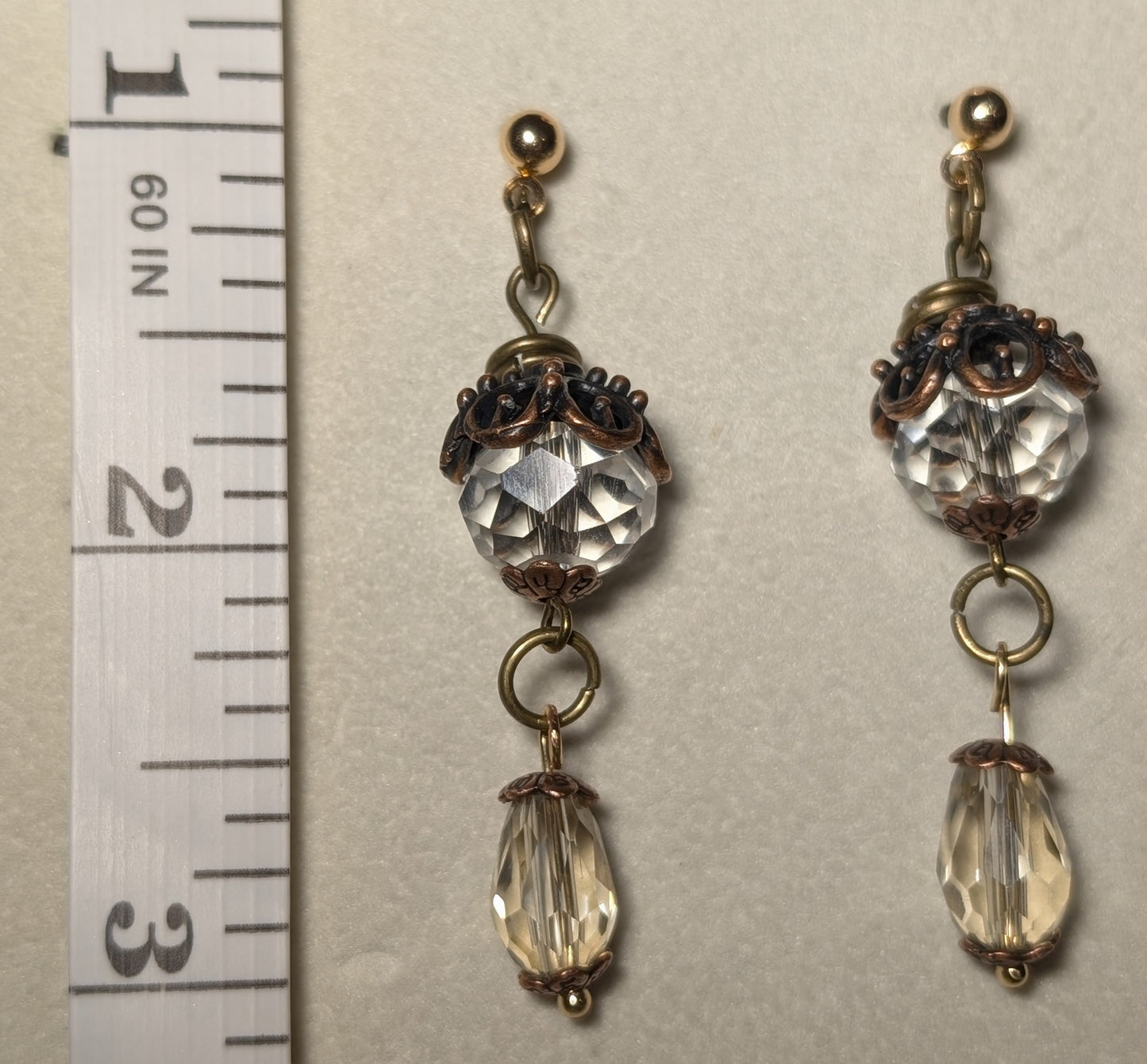 Earrings - vintage crystal dangle earrings with antique brass accents