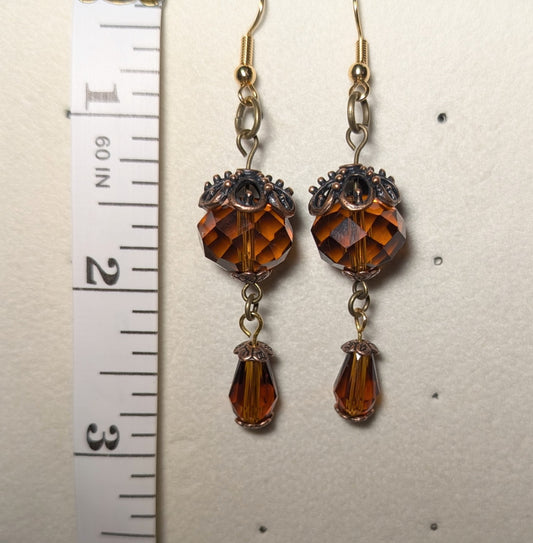 Earrings - vintage smoked topaz/caramel crystal dangle earrings with antique brass accents