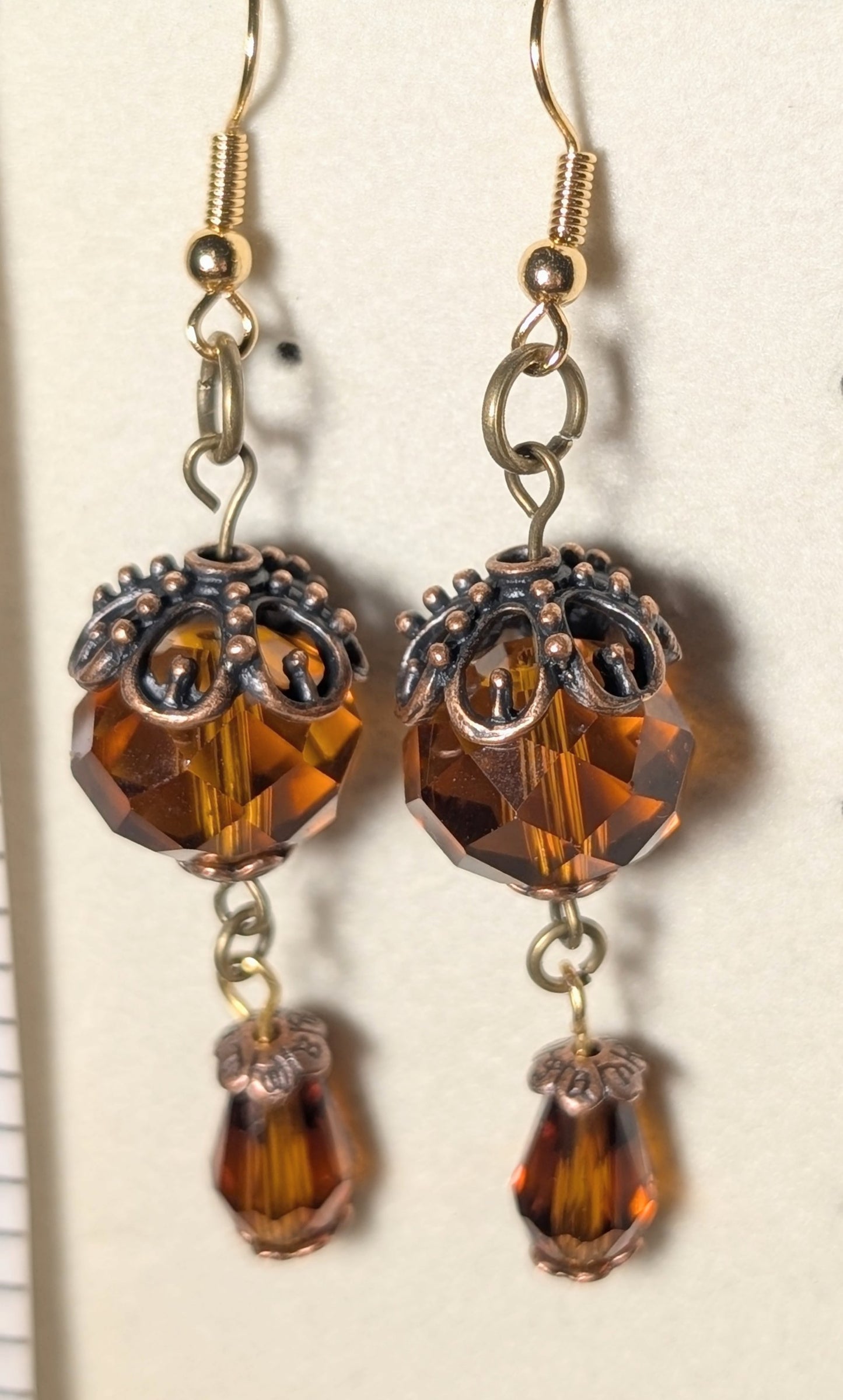 Earrings - vintage smoked topaz/caramel crystal dangle earrings with antique brass accents