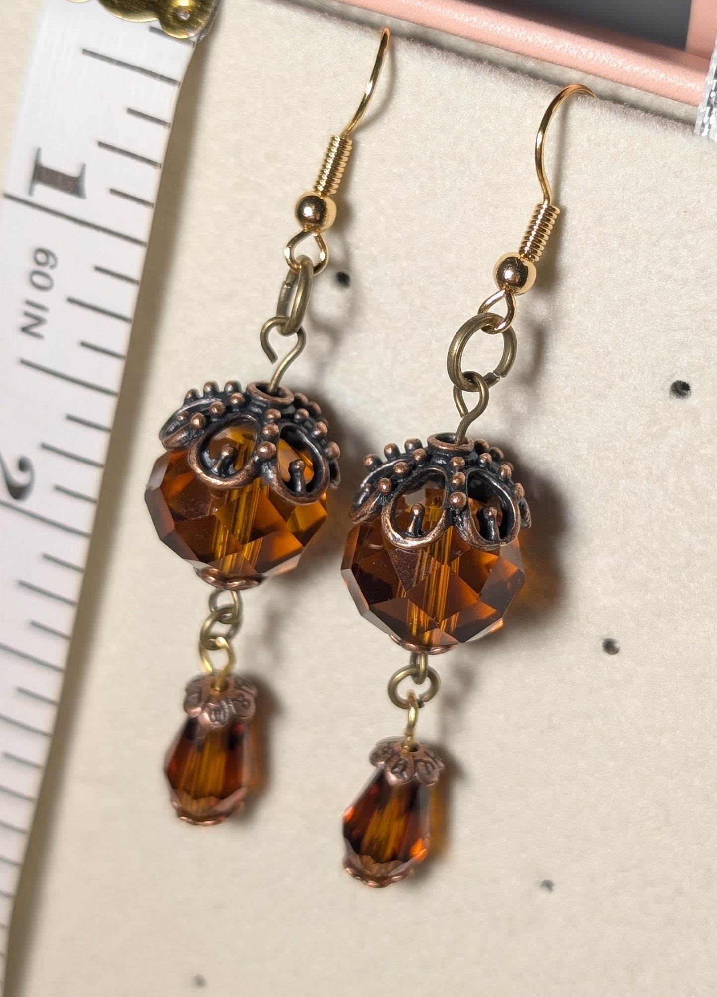 Earrings - vintage smoked topaz/caramel crystal dangle earrings with antique brass accents