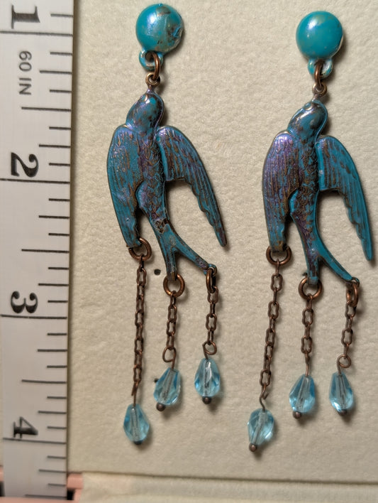 Earrings - patina metal bird earrings