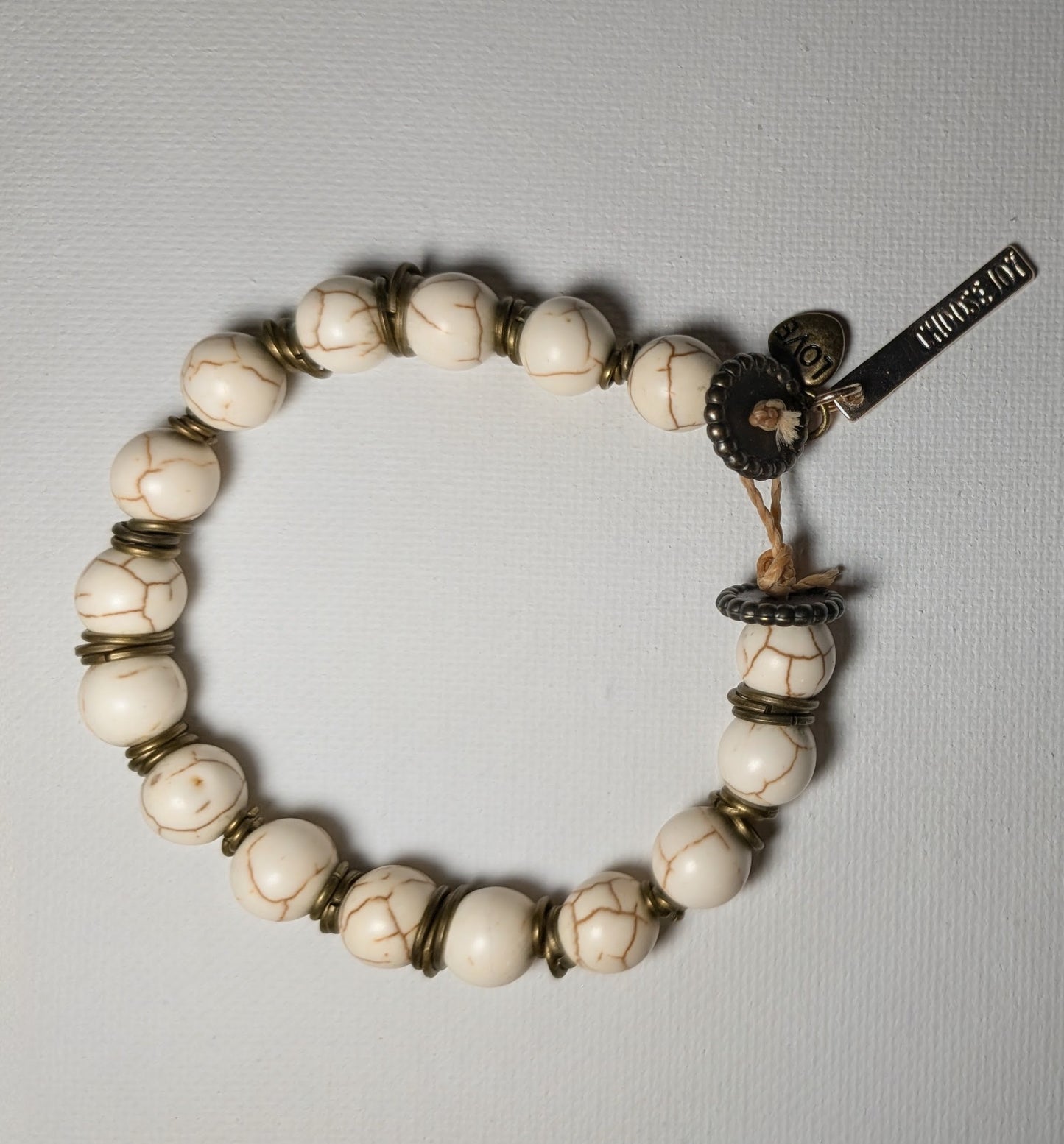 Bracelet - Earth-tone Howlite Beaded Bracelet with Heart Charm and choose joy charm