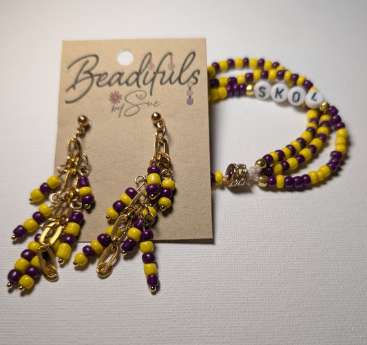 Bracelet - NFL Beaded Bracelet and earrings: Football fan jewelry - MN Vikings SKOL and Green Bay Packers