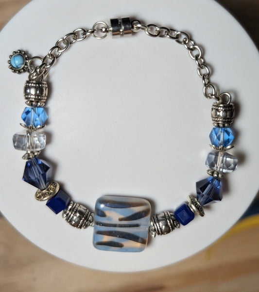 Bracelet - Frosty mixed Blue Bead Bracelet with Silver Metal Magnetic Clasp