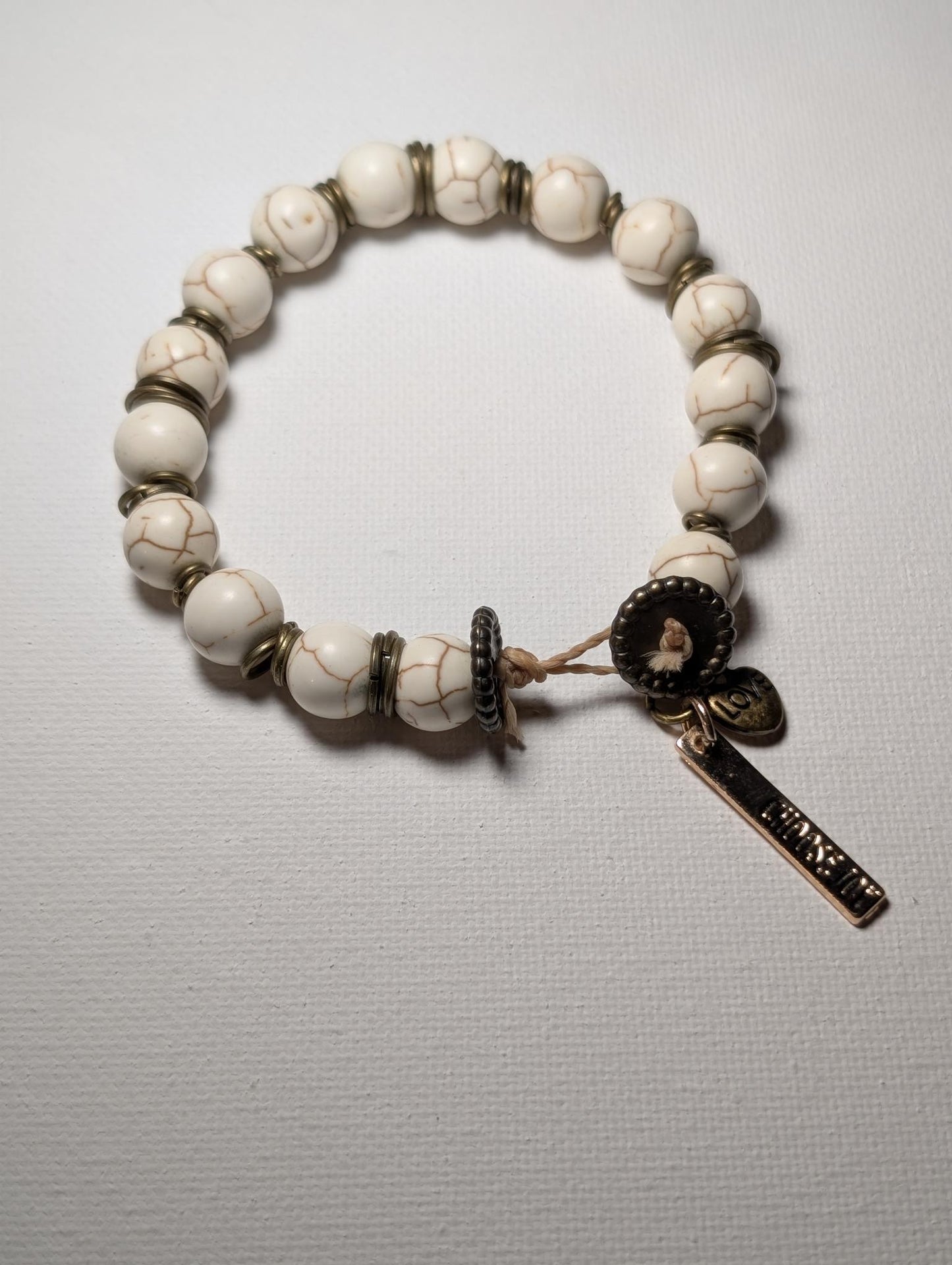 Bracelet - Earth-tone Howlite Beaded Bracelet with Heart Charm and choose joy charm
