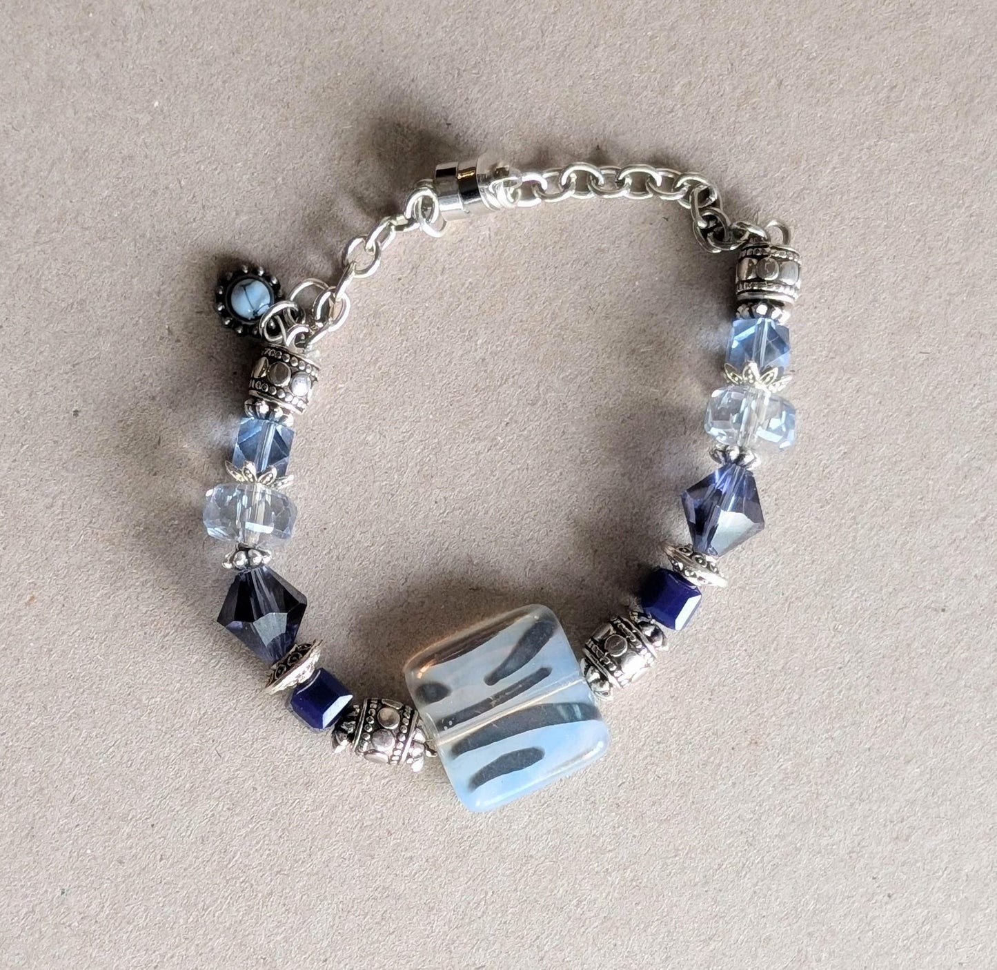 Bracelet - Frosty mixed Blue Bead Bracelet with Silver Metal Magnetic Clasp