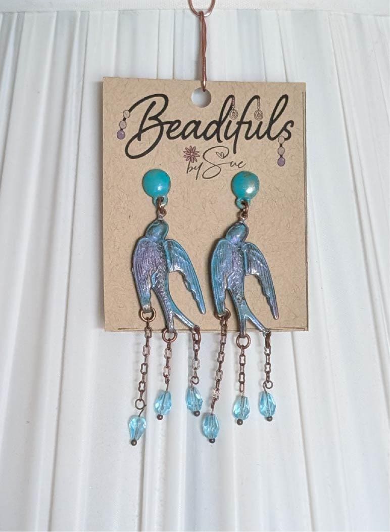Earrings - patina metal bird earrings