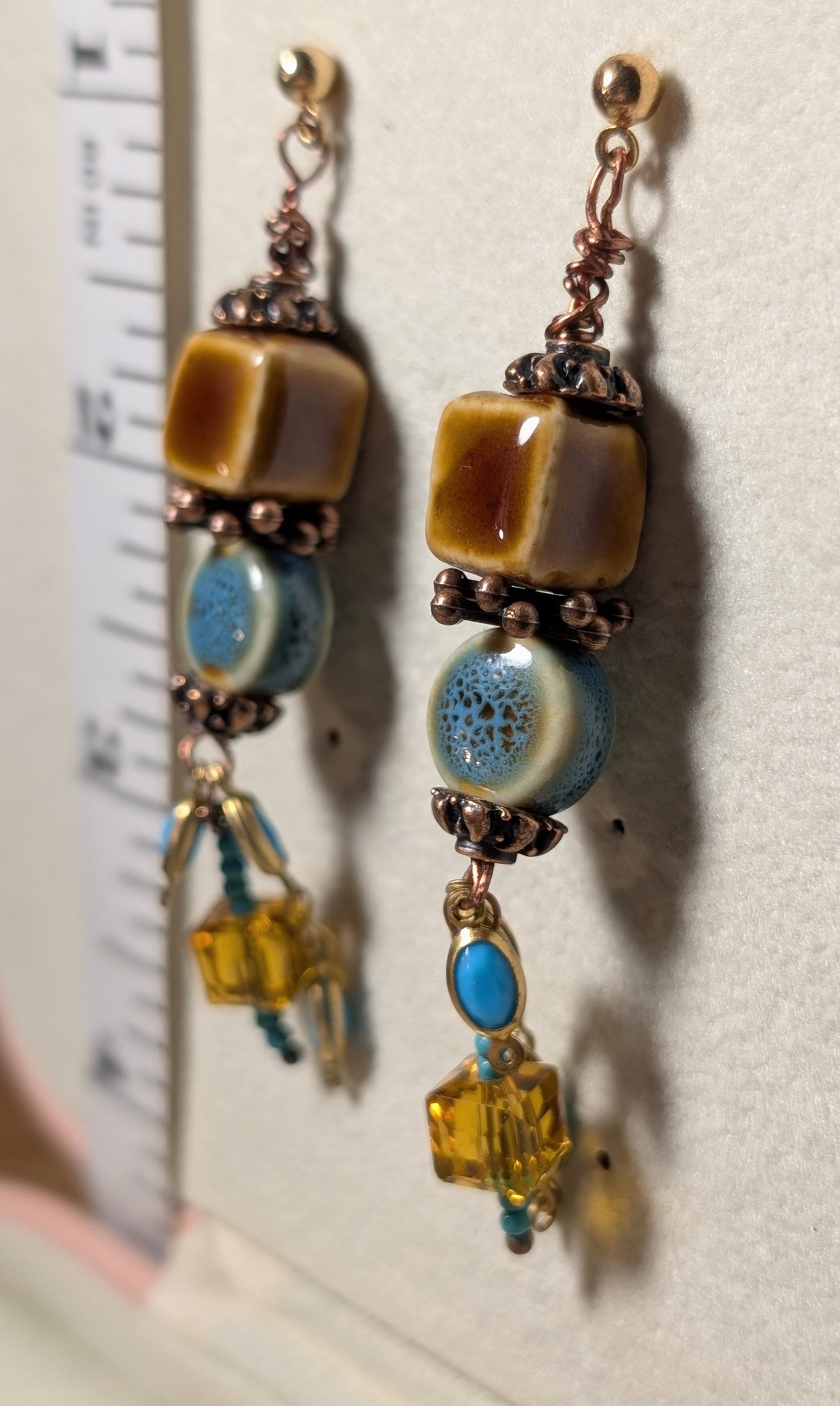 Earrings - Ceramic cubes and circle beads with a pretty dangle bead assortment