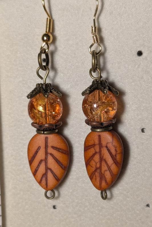 Earrings - Fall/Autumn leaves with smooth round amber bead with antique bass accents