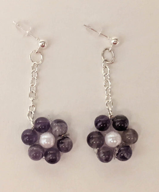 Earrings - amethyst and pearl beaded flower dangle earrings