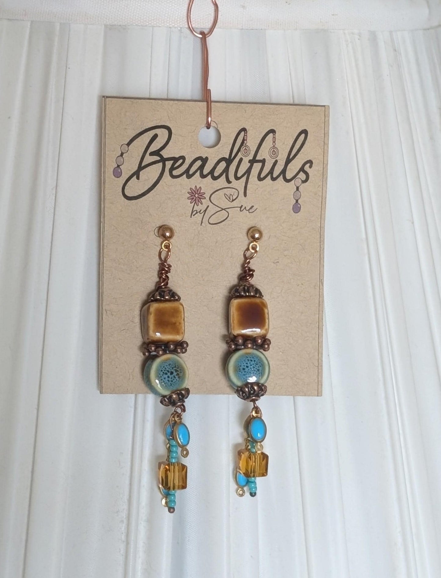 Earrings - Ceramic cubes and circle beads with a pretty dangle bead assortment