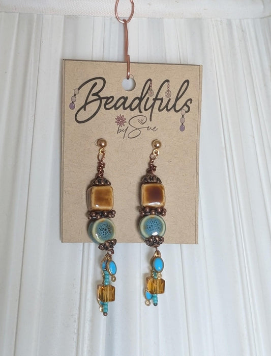 Earrings - Ceramic cubes and circle beads with a pretty dangle bead assortment