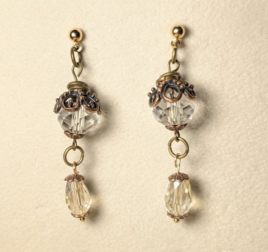 Earrings - vintage crystal dangle earrings with antique brass accents