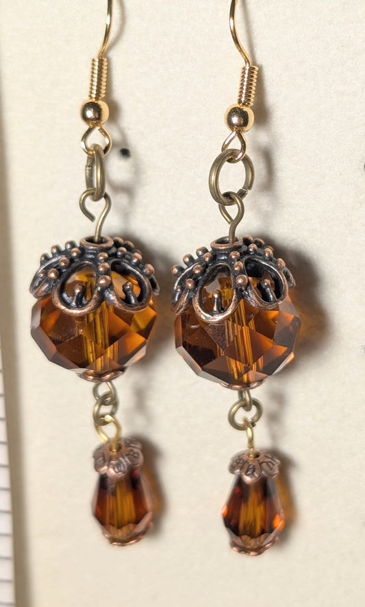 Earrings - vintage smoked topaz/caramel crystal dangle earrings with antique brass accents