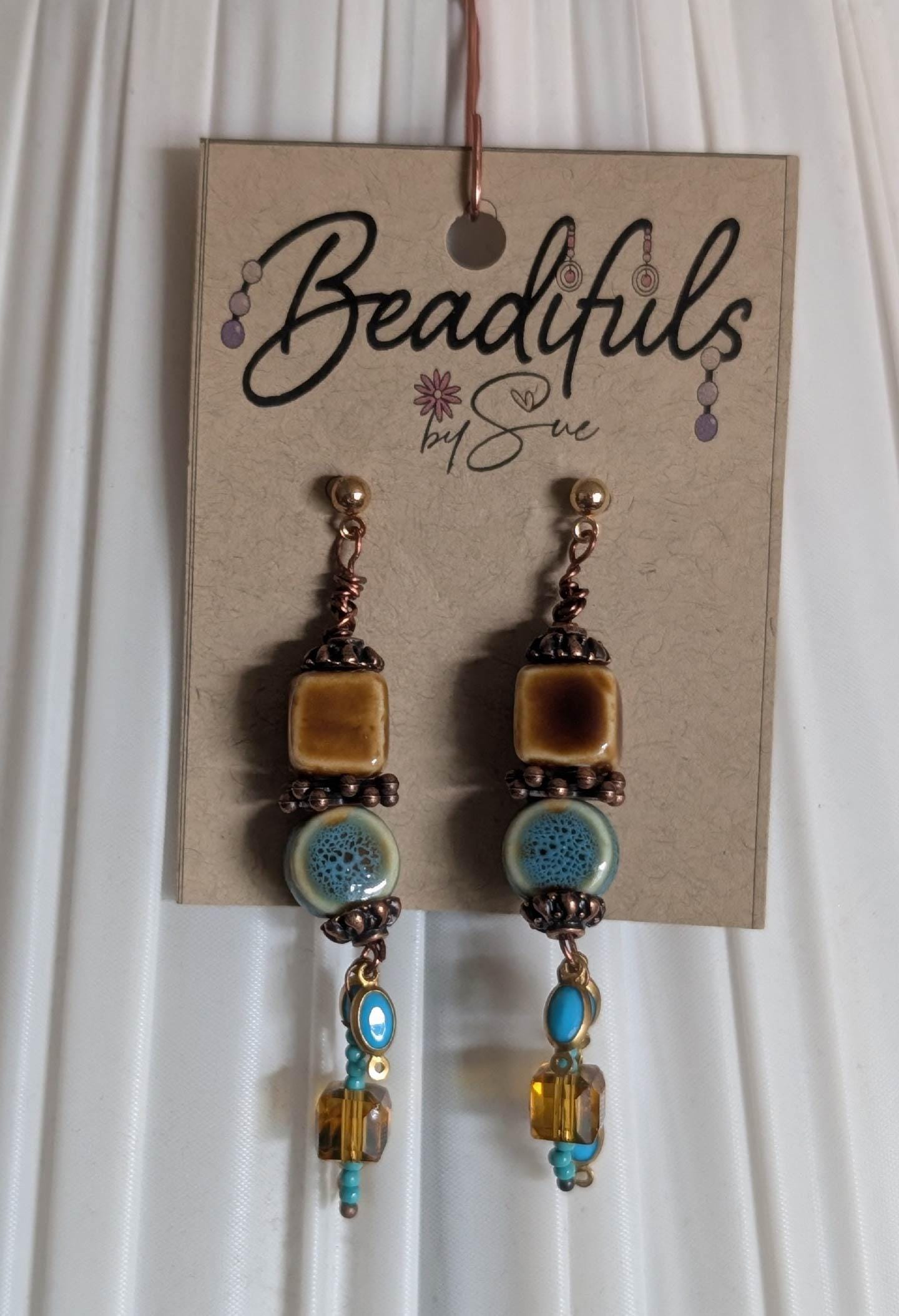 Earrings - Ceramic cubes and circle beads with a pretty dangle bead assortment