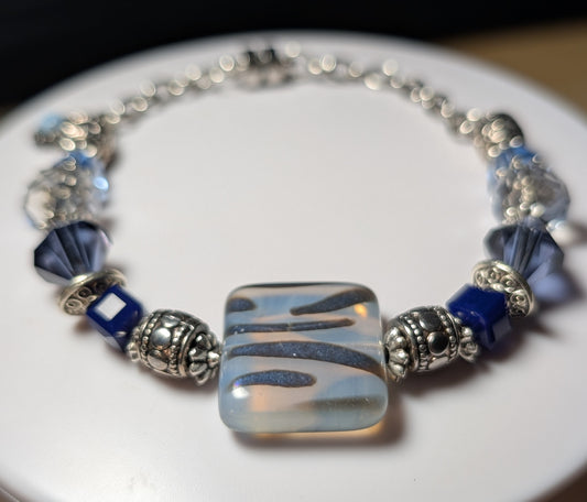 Bracelet - Frosty mixed Blue Bead Bracelet with Silver Metal Magnetic Clasp
