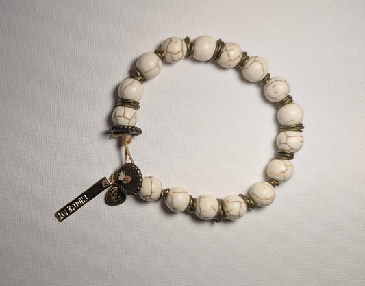 Bracelet - Earth-tone Howlite Beaded Bracelet with Heart Charm and choose joy charm