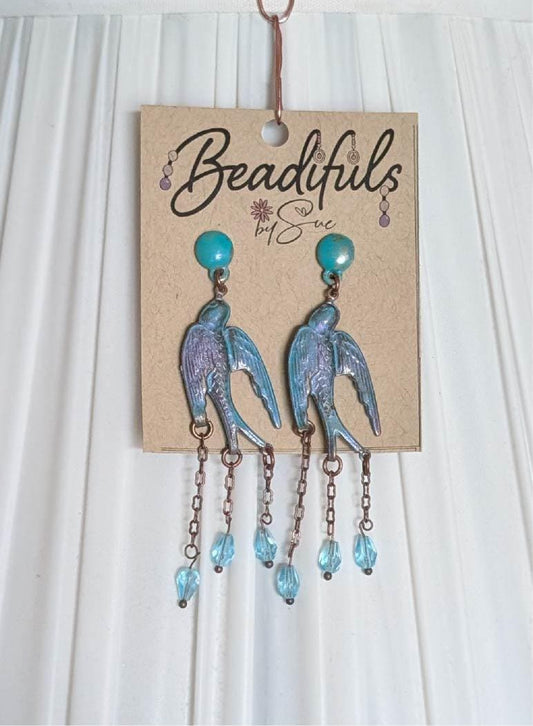 Earrings - patina metal bird earrings