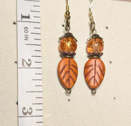 Earrings - Fall/Autumn leaves with smooth round amber bead with antique bass accents